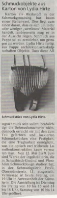 Ausstellung Schmuckobjekte aus Karton Mittelbayerische Zeitung Mai 2001
