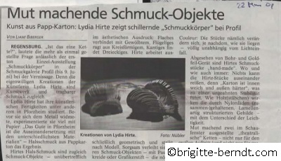 Ausstellung Schmuckobjekte aus Karton Mittelbayerische Zeitung Mai 2001