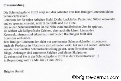 Ausstellung Jens Rüdiger Lorenzen Pressemitteilung Mai 2003