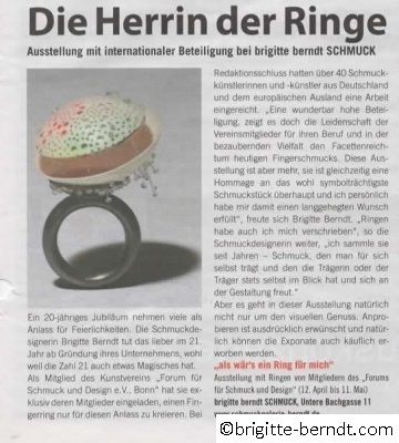 Ausstellung 20 Jahre Brigitte Berndt Schmuck Als wär es ein Ring für mich Kulturjournal April 2013
