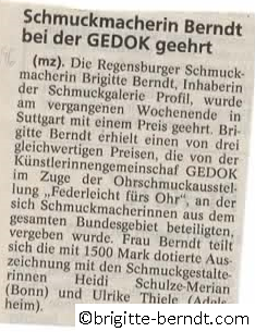 Preisverleihung Brigitte Berndt Federleicht für das Ohr GEDOK Mittelbayerische Zeitung April 1996