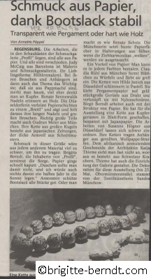 Ausstellung Schmuck aus Papier Pappe Pergament Mittelbayerische Zeitung Mai 1996