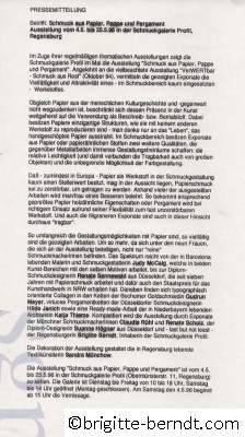 Ausstellung Schmuck aus Papier Pappe Pergament Pressemitteilung Mai 1996