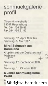 Ausstellung Mira Schmuck aus Barcelona Ausstellungskalender Regensburg 1997