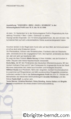 Ausstellung Knochen Bein Zahn Schmuck Pressemitteilung September 1998